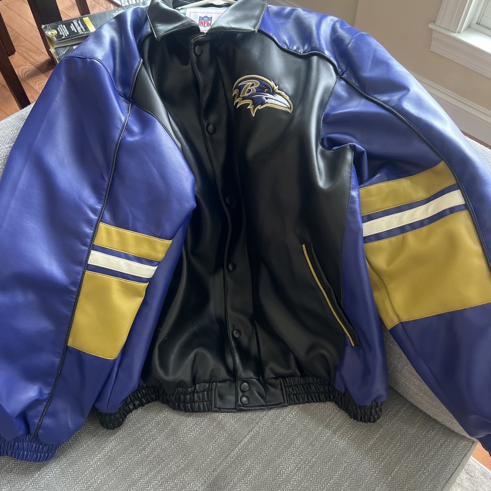 Baltimore Ravens Leather Varsity Jacket NFL Team Logo Black Purple Gold Size XL